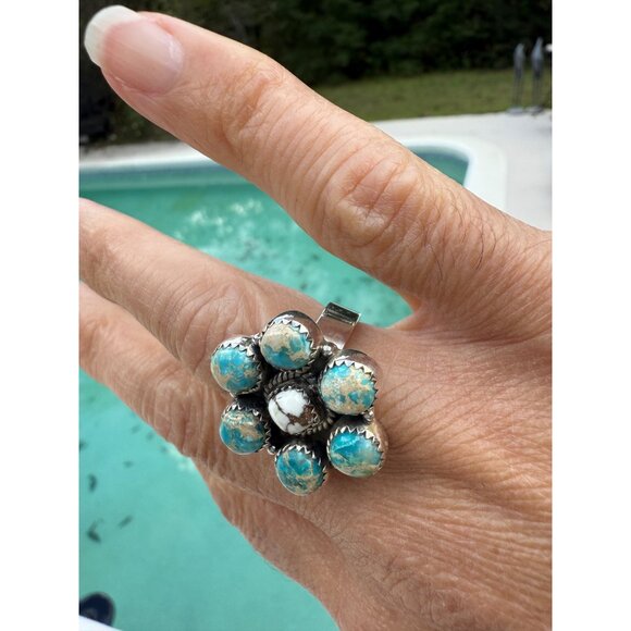 Artisan Sea Sediment Jasper Wild Horse turquoise SS 925 Statement cluster Ring - Picture 2 of 10